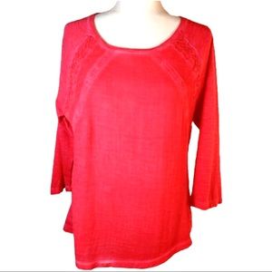Chico's 3/4 Raglan Sleeve Lace Slub Knit Top Pink Coral Sz 1 (Medium, 8 - 10)